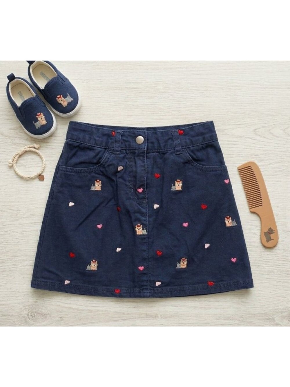 Gymboree Girls Navy Blue Skirt With Heart Print & Dog Embroidery Size 6M 100% Co